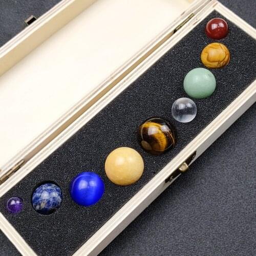 Natural Crystal Spheres Nine Planets of The Solar System Gemstone Ornaments Specimen Bead Collection Box Home Decor Gift