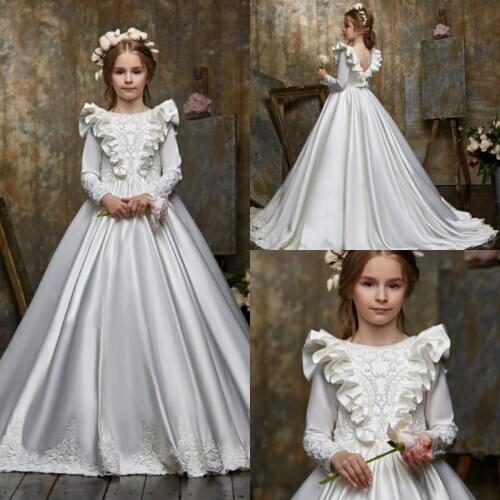 2020 Luxury Flower Girls Dress Long Sleeve Backless Lace Appliques Kids Prom Gowns Ball Gown Floor Length Flower Girls Dress