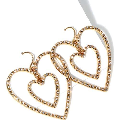 2020 Fashion Jewelry Satin gold plated drop earring, double heart earring with rhinestones