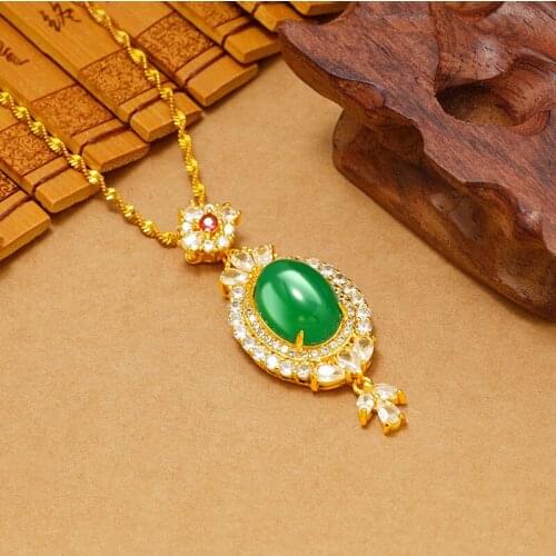 Vietnam sand gold inlaid green chalcedony pendant girls clavicle chain ethnic style fashion personality jewelry wild wholesale