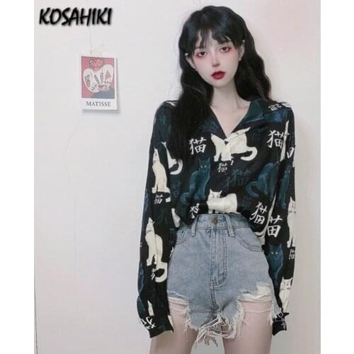 KOSAHIKI Streetwear Cat Print Plus Size Shirt Woman S-5XL Japanese Harajuku Shirts Korean Loose Women Summer Cute Blusas