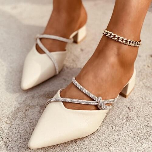 2021 Women Pointed Toe Low Heel Crystal Mule Slippers Woman Outdoor Summer Party Hemp Female Casual Shoe Ladies Big Size 39