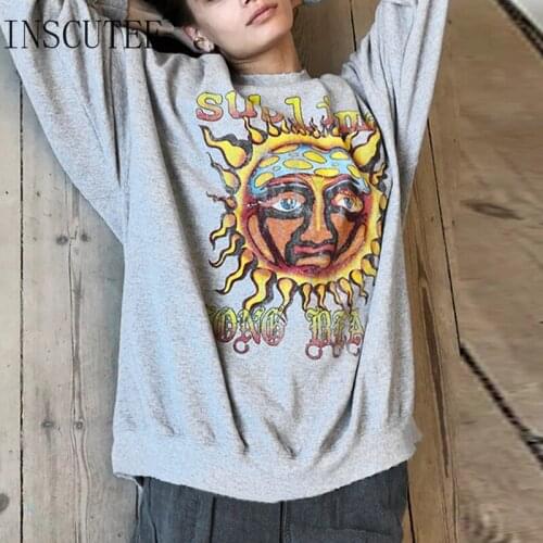 Inscutee Y2K Printed Aesthetic Gray Sweatshirt Women Harajuku Vintage Streetwear O-Neck Long Sleeve Loose Casual Pullover Femme