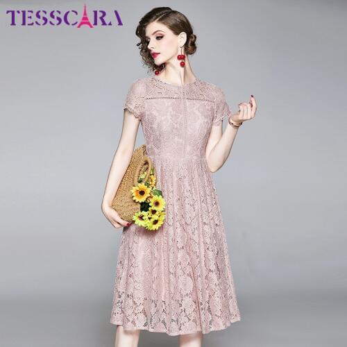 TESSCARA Women Summer Casual Lace Dress Festa Female High Quality Elegant Wedding Party Robe Femme Designer Flower Girl Vestidos