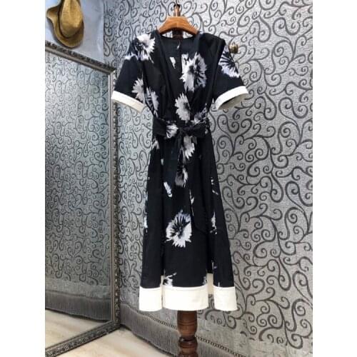 100%Cotton Womens Dress 2021 Summer Ladies V-Neck Vintage Ink Painting Print Short Sleeve Mid-Calf Black Casual Dress Vestidos