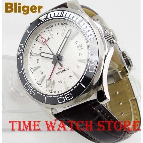 2019 New 41mm Bliger GMT Automatic watch men black Luxury mechanical waterproof white dial leather strap ceramic luminous 898