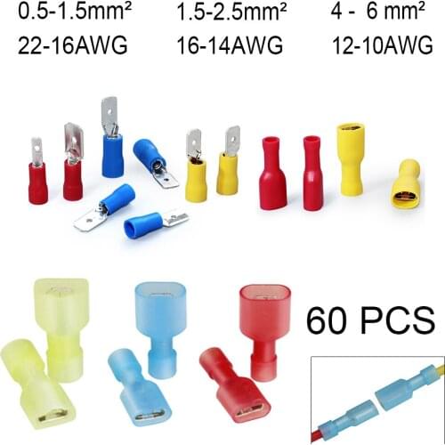 60Pcs isolated Spade Electrical Terminal Female Male Butt Connector Wire Splice Terminals for Wire Crimp Connectors Assortment
