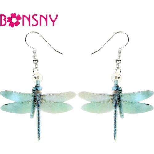 Bonsny Acrylic Cute Dragonfly Earrings Big Long Dangle Drop Fashion Insect Jewelry For Women Girls Teens Charms Gift Accessories