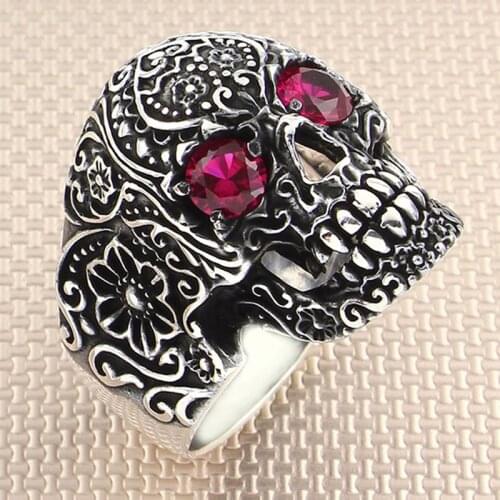 Biker Skull Ring Gothic Real Pure 925 Sterling Silver For Men Natural Red Zircon Stone Patterned Handmade Turkish Jewelry