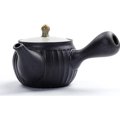 Retro black crude pottery Japanese style tea ceremony side handle teapot Kung Fu oolong puer porcelain pot set teaware