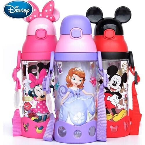 Disney children press the cup handle baby with straw leak-proof plastic cup flip student resistance to falling kettle