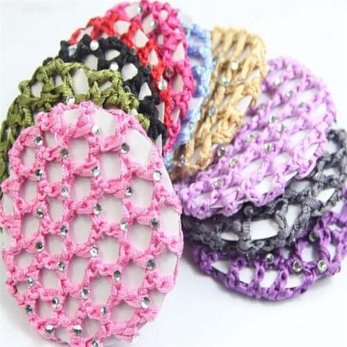 Girls Women Bun Cover Snood Hair Net Ballet Dance Skating Crochet Chic Rhinestone Hair Styling Accessor