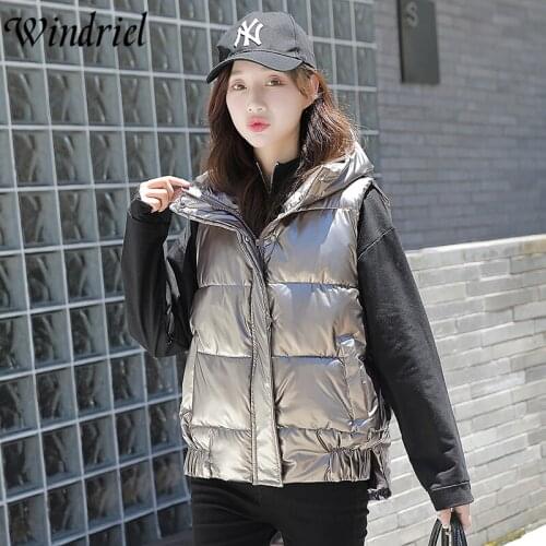 Windriel Glossy Warm Vest Coat Women Hooded Windproof Snow Wear Short Waistcoat Inside Solid Slim Fashion Sleeveless Parka