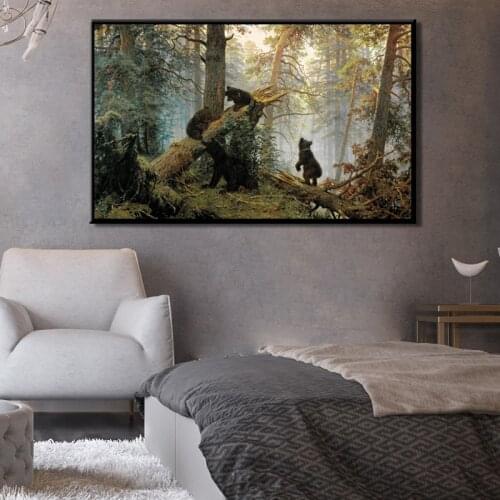 Modern Animals Canvas Paintings Deer and Bears In The Woods Prints and Posters Wall Art Pictures for Living Room Home Decoration