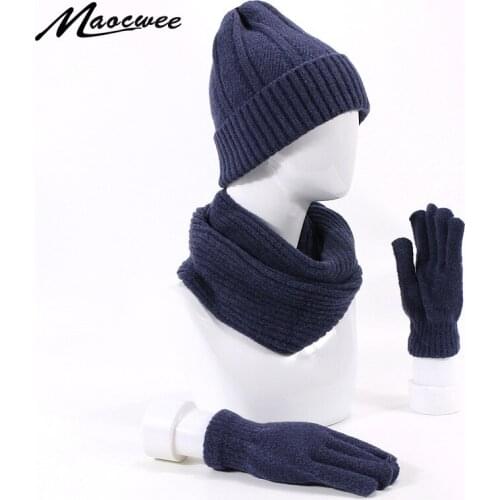 New Arrived Skullies Winter Knitting Hat Scarf Set For Men Woman Solid Color Warm Cap Scarves Male Winter Outdoor Caps Gloves