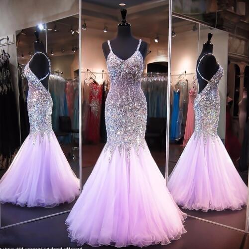 Coral Rhinestone Sexy Backless Mermaid Long Prom Dresses 2020 Spaghetti Strap Crystals Prom Gowns Party Long Evening Dress
