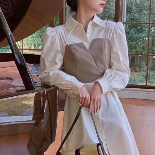 Korean Fashion Elegant Shirts Dress 2 Piece Set Long Sleeve Pure Color Dress + Vintage Y2k Vest 2021 Autumn Backless Mini Dress