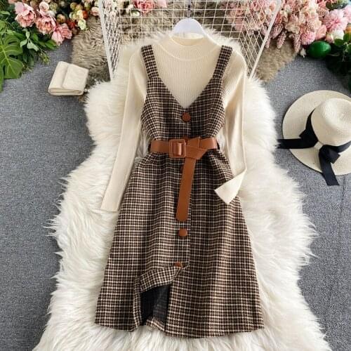 Fashion Women Autumn Set Elegent Female Long Sleeve Knitted Sweater Pullovers+ Plaid Woolen Suspender Dress 2Pcs Suits