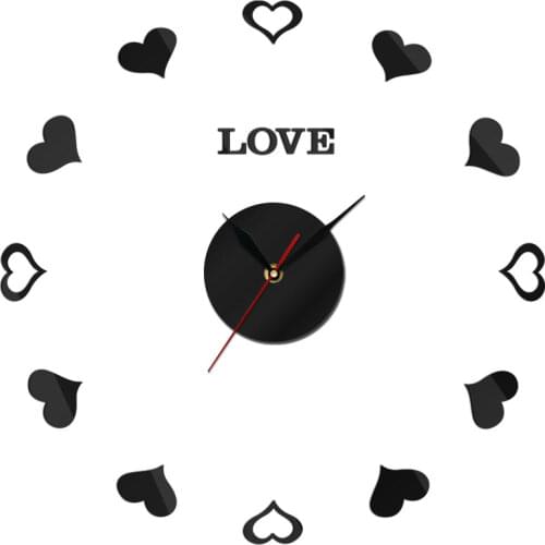 Love Hearts Quartz Acrylic Mirror Sticker DIY Giant Frameless Quiet Sweep Wall Clock Valentines Lover Gift Girls Room Decor