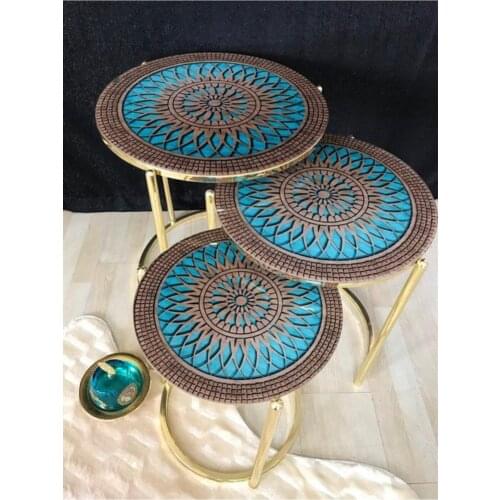 Lux 3'lü Zigon Coffee Table Set (Gold Metal Toe Over Patterned Glass) wohnzimmertisch طاولة غرفة معيشة столик из стекла