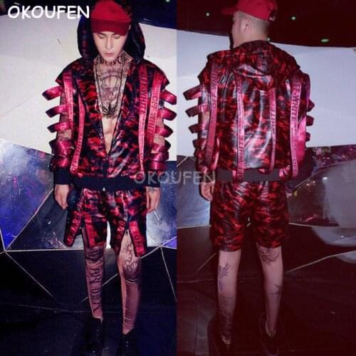 Man Hip Hop Hollow Belt Leather Jacket Amouflage uniform clothing set Nightclub bar male singer dj stage costume