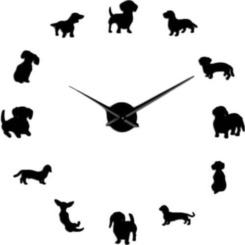 Dachshund Wall Art Wiener-Dog Puppy Dog Pet Frameless Giant Wall Clock with Mirror Effect Sausage Dog Large Clock Wall Watch