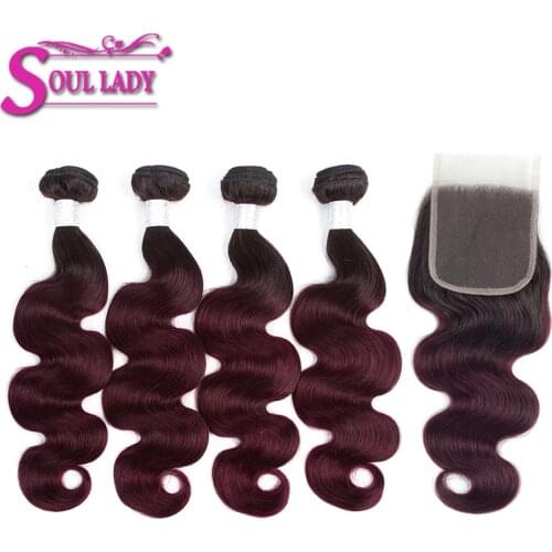 Soul Lady Pre-colored Ombre Brazilian Hair 4 Bundles with Closure 1b/99j Two Tone Color Body Wave Human Hair Bundles Non-remy