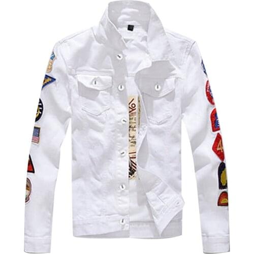 New Korean Jean Jackets Locomotive White Denim Patch Jacket Male Personality Trend Couple Spring Slim Denim Coats Plus Size