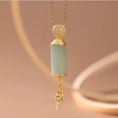 New silver inlaid natural Hetian white Chalcedony column Pendant Necklace Chinese minority design noble charm womens jewelry