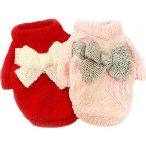 Dog Pet Clothes Autumn and Winter Thicken Teddy Bear Bomei Cat Dress Chenille Bow Sweater