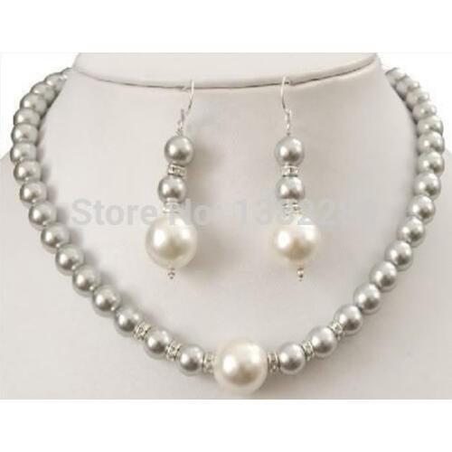 Wholesale price fashion sexy8-12MM Grey Sea Shell Pearl Necklace +Earring 2 piece/lot jewelry JT5593