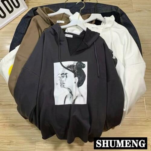 Autumn New Terry Cotton Long-Sleeved Hooded Hoodie Coat Female Streetwear V-neck Loose Casual Portrait Students Sweats & Hoodies