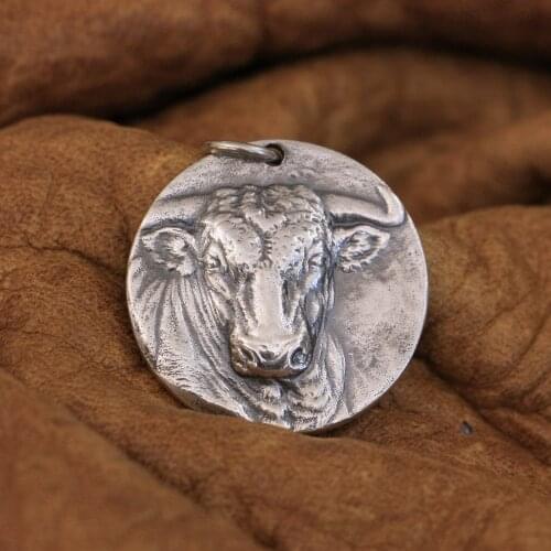 LINSION 925 Sterling Silver Bull Pendant Fashion Punk Round Pendant TA285 Dia. 28mm