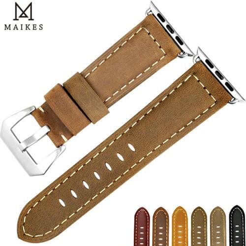 MAIKES New vintage nubuck leather Watch Strap For Apple Watch Band 44mm 40mm 42mm 38mm Silver buckle iwatch watchband