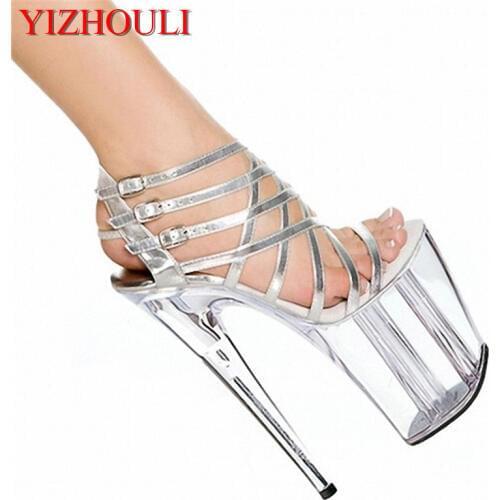 Super long 20cm heels with sandals, sexy nightclub transparent crystal shoes, model stage sandals