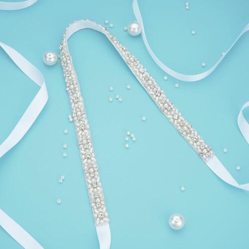 1PC) Silver clear crystal rhinestone pearl applique belt with satin ribbon for wedding dress WDD1058