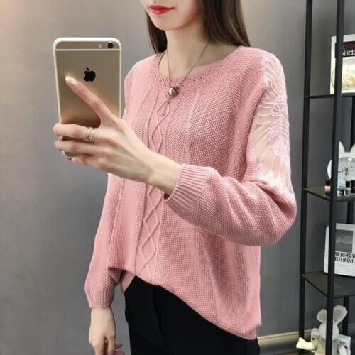 Oversized Round-neck Cutout Knitted Sweater Loose Casual Flowers Lace Stripe Long-sleeved Pullovers Jumpers Female 2020 Spring