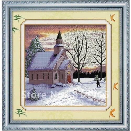 Embroidery 3 Pieces (1 lot=3 pieces) Luxurious Hot Sell Winter Snow Scenery Cabin Tree Sky Flower Cross Stitch