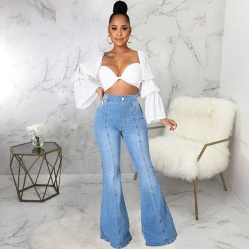 High Waist Zipper Fly Fashion Denim Trouser Women 2021 Striped Washed Bell Bottom Pants Streetwear Stretchy Bodycon Jean Capris