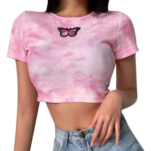 Women' s Butterfly Embroidery Tops Short Sleeve T-shirt Clubwear Tops Sexy Bodycon Slim Stretch Streetwear