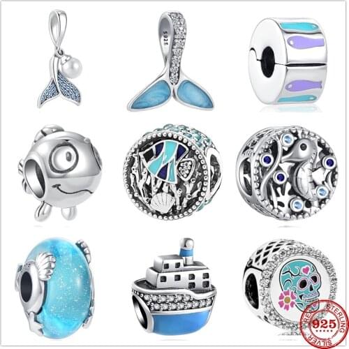 New 925 Sterling Silver Ocean Castle Dolphin Seahorse Cat Fish Charm bead Fit Original Pandora Bracelet DIY Jewelry For Women
