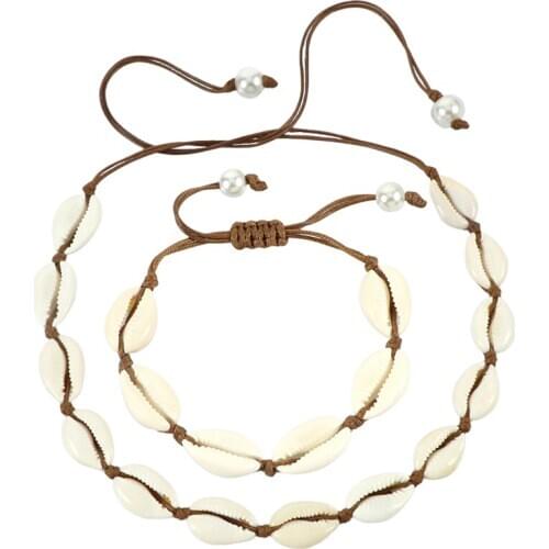 Women Shells Necklaces Bracelets Set Natural Sea Conch Braid Chain Choker Bangles Charms Jewelry Girl Friendship Gifts Handmade