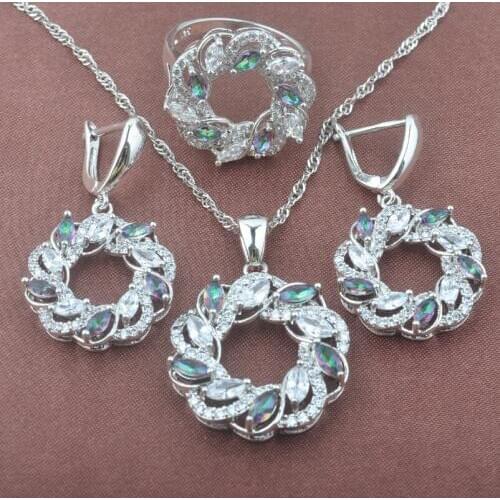 Special Rainbow Cubic Zirconia Silver Color Jewelry Sets Bridal Jewelry For Women Earrings Necklace Pendant Ring Set TZ0375