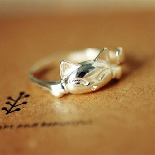 Cute Lucky Cat 925 Sterling Silver Sweet Temperament Personality Fashion Female Resizable Opening Rings SRI108