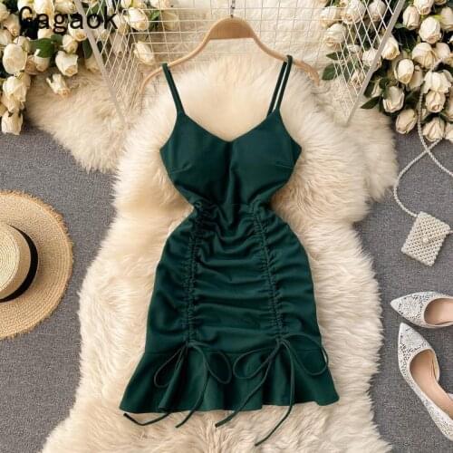 Gagaok Dresses Women 2021 Summer New V-Neck Spaghetti Strap Bandage Sheath Sexy Club Bodycon Dress Slim Korean Wild Vestidos