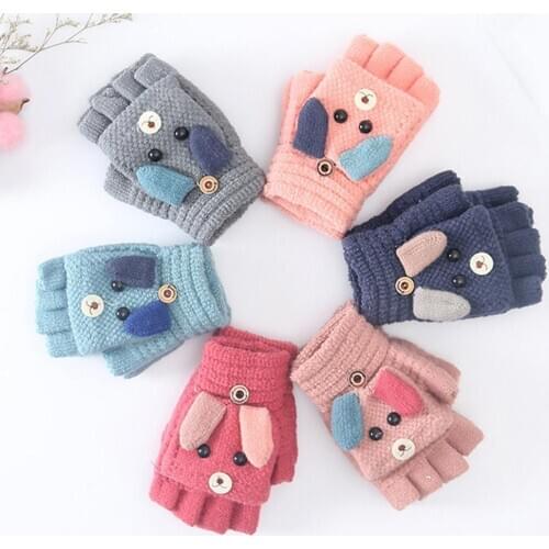 Winter Warm Kids Boys Girls Cartoon Dog Flip Top Knit Half Finger Gloves Mittens
