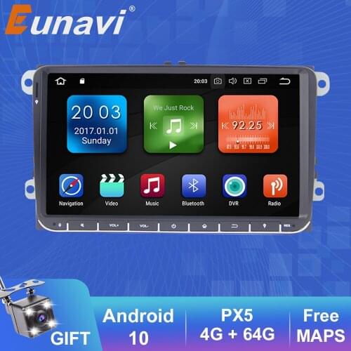 Eunavi 2 din Android 9.0 Car Radio GPS for VW Passat B6 CC Polo GOLF 5 6 Touran Jetta Tiguan Magotan Seat 9'' screen with button