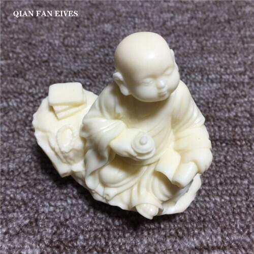 Chinese style little monk white statue，Handmade art sculpture，Cute figure buddha，Car decoration，Home decoration figurines