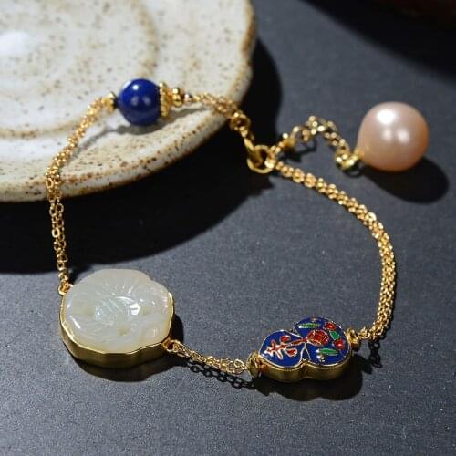 S925 sterling silver gold-plated natural Hetian jade lapis lazuli Pearl vintage Lotus cloisonne womens bracelet