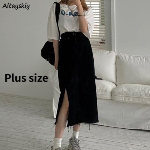 Long Skirts Women Solid Color All-match A-line Denim Lady Side-slit Vintage Streetwear Preppy Plus Size Female Casual High Waist